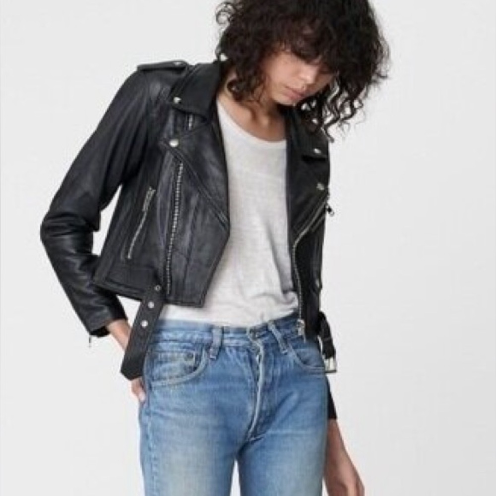 Deadwood Cropped Joan Recycled Leather Motorcycle Jacket 38/6 - Picture 2 of 9